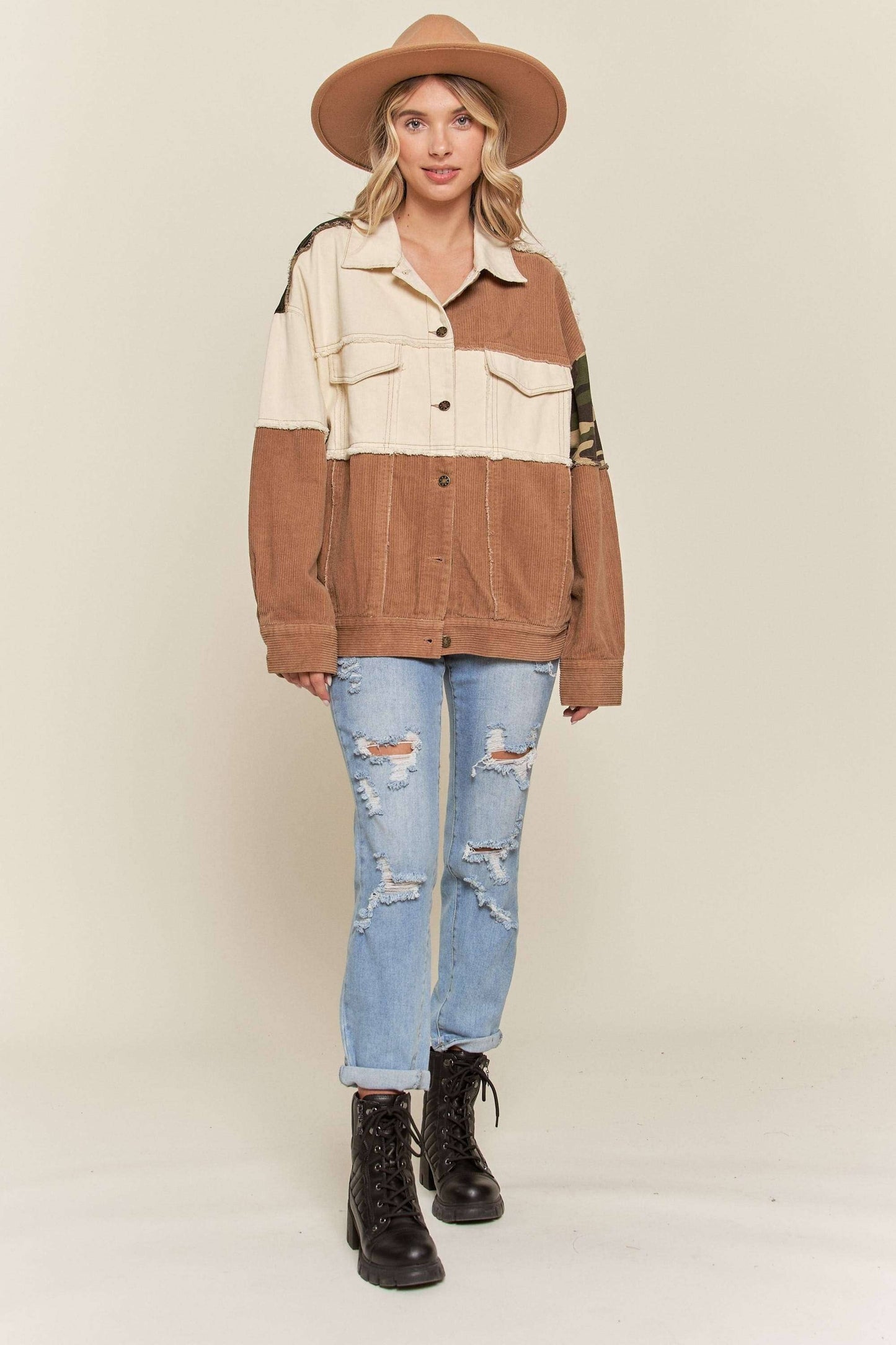 NOT YOUR HUSBAND'S BUTTON DOWN JACKET WITH CAMO ACCENT