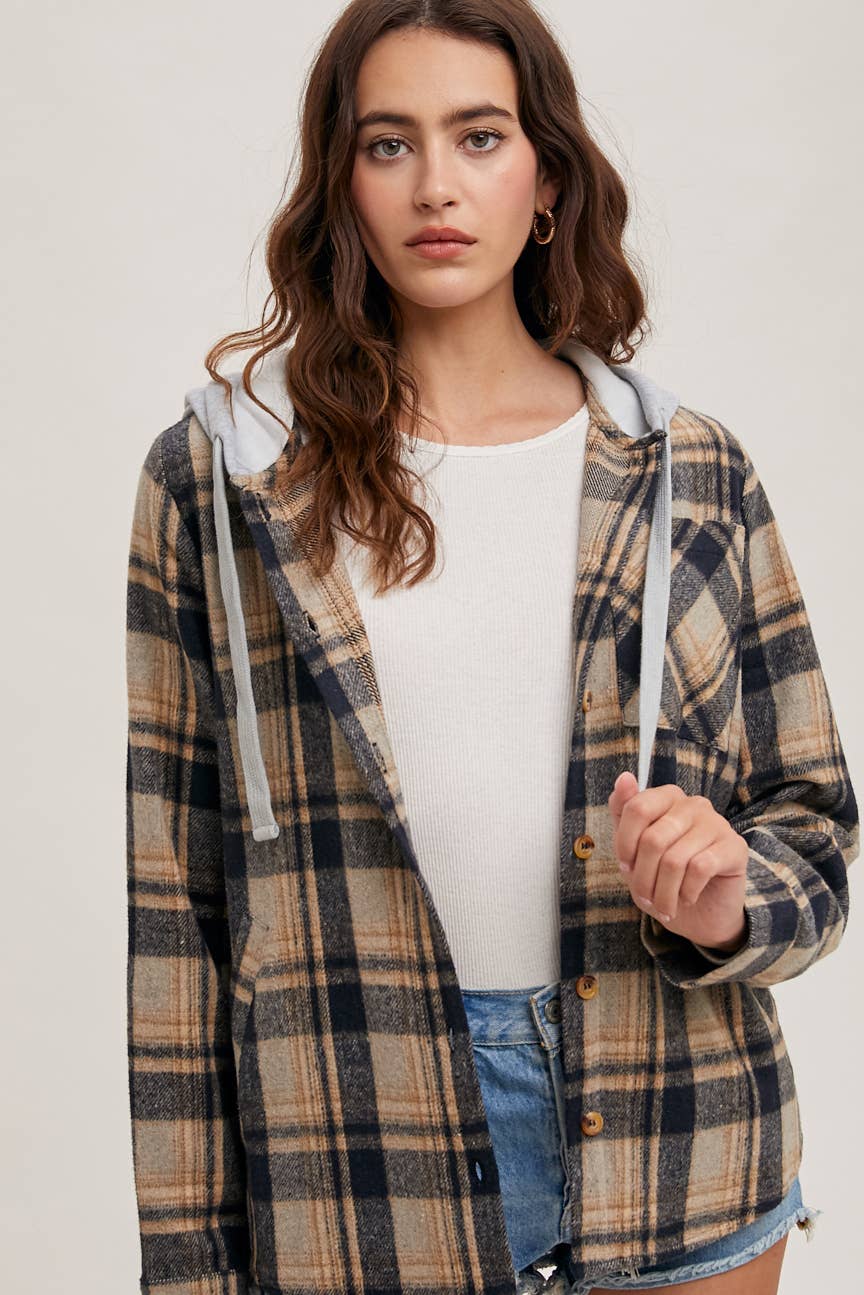 HOODED FLANNEL BUTTON FRONT SHIRT JACKET
