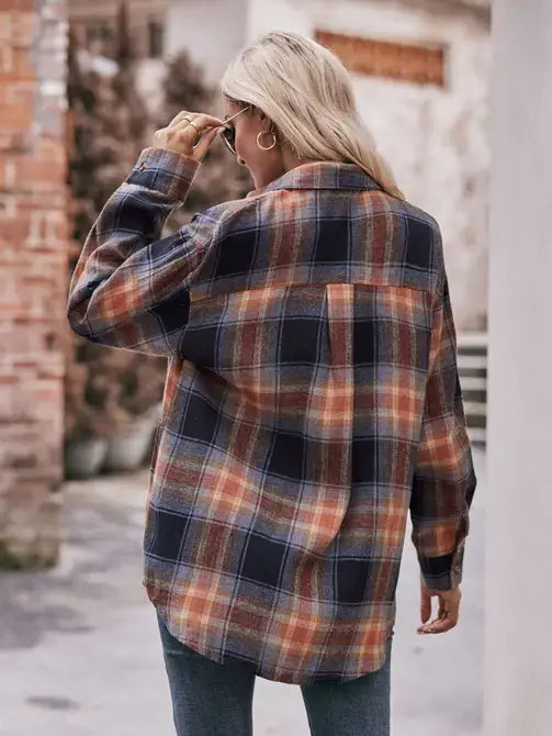 KHAKI COFFEE CASUAL OVERSIZED LOOSE PLAID FLANNEL