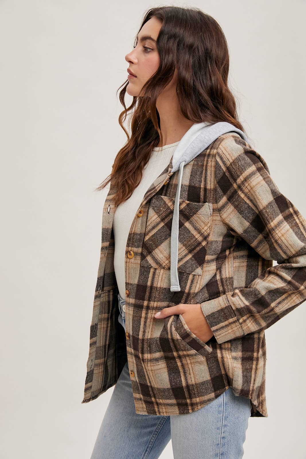 HOODED FLANNEL BUTTON FRONT SHIRT JACKET