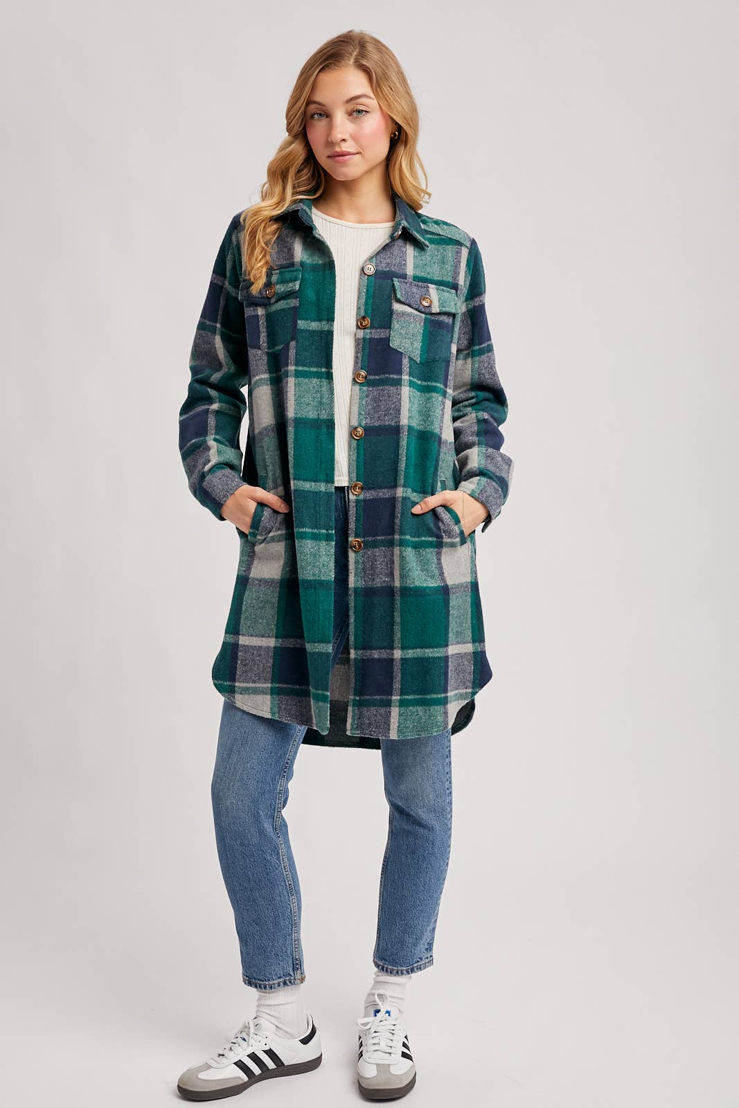 Bluivy - FLANNEL PLAID LONGLINE SHACKET: GREEN PLAID / L