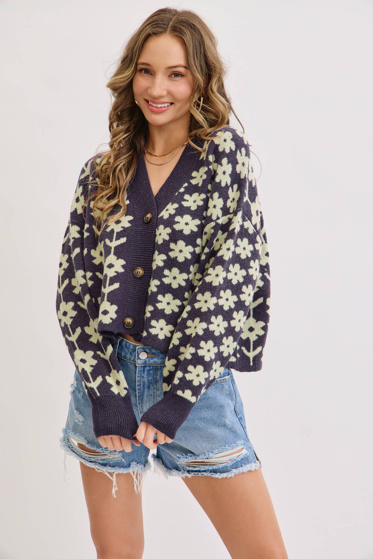 COZY PLAYFUL CASUAL FLORAL PRINT SWEATER KNIT CARDIGAN