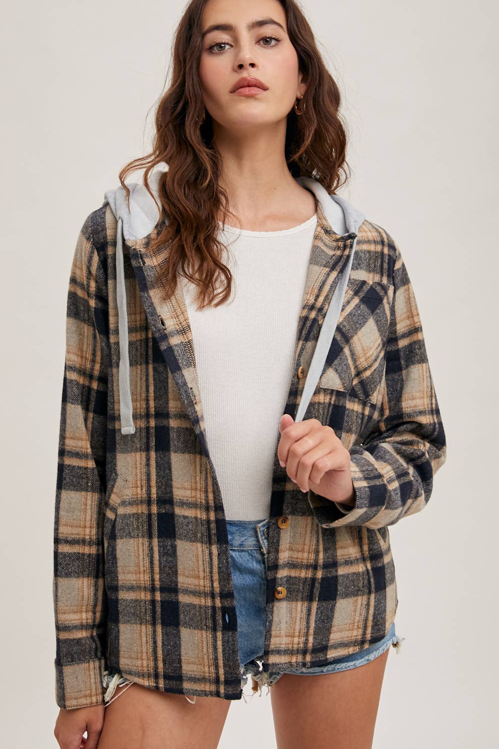 HOODED FLANNEL BUTTON FRONT SHIRT JACKET