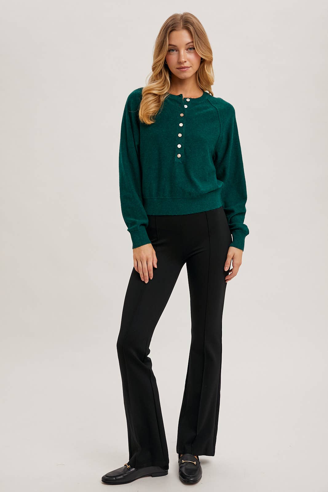 Bluivy - HALF-BUTTON HENLEY KNIT SWEATER: HUNTER GREEN / M