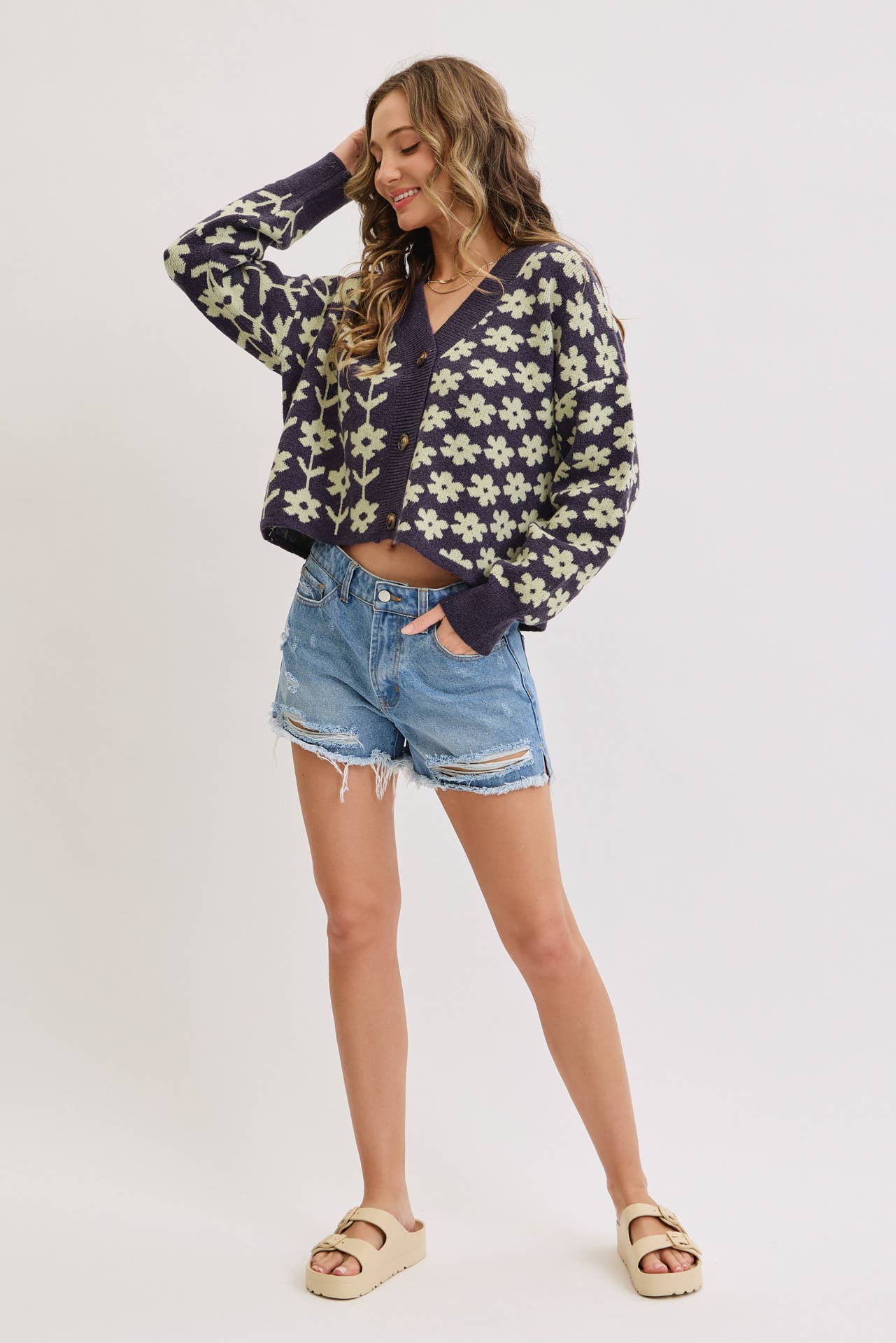 COZY PLAYFUL CASUAL FLORAL PRINT SWEATER KNIT CARDIGAN