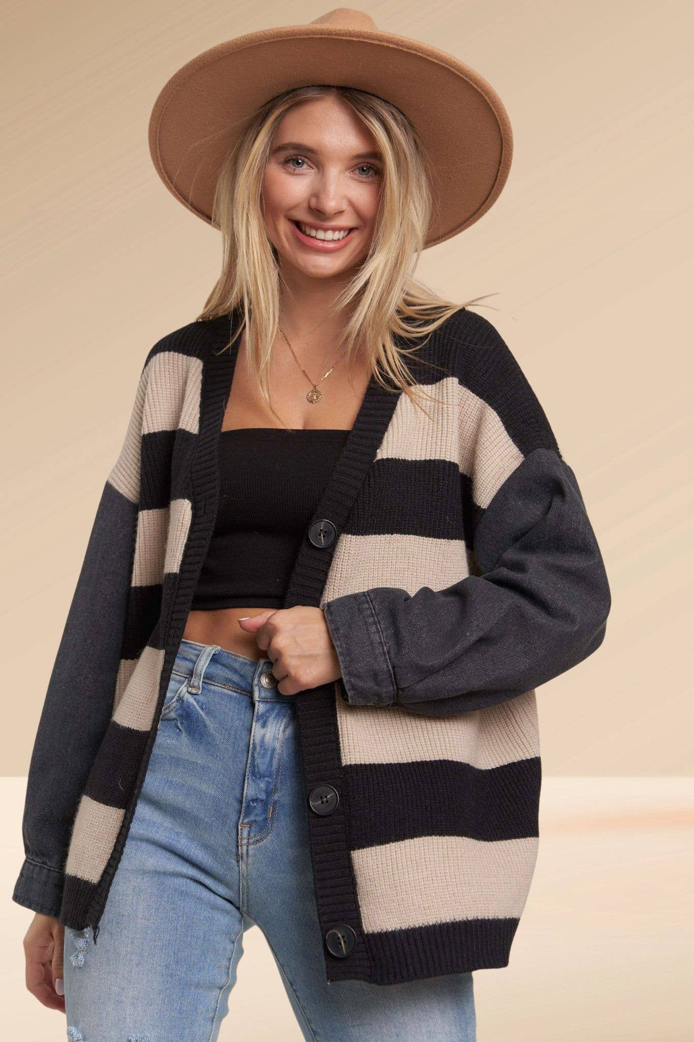 DENIM SLEEVE BLACK STRIPE SWEATER CARDIGAN