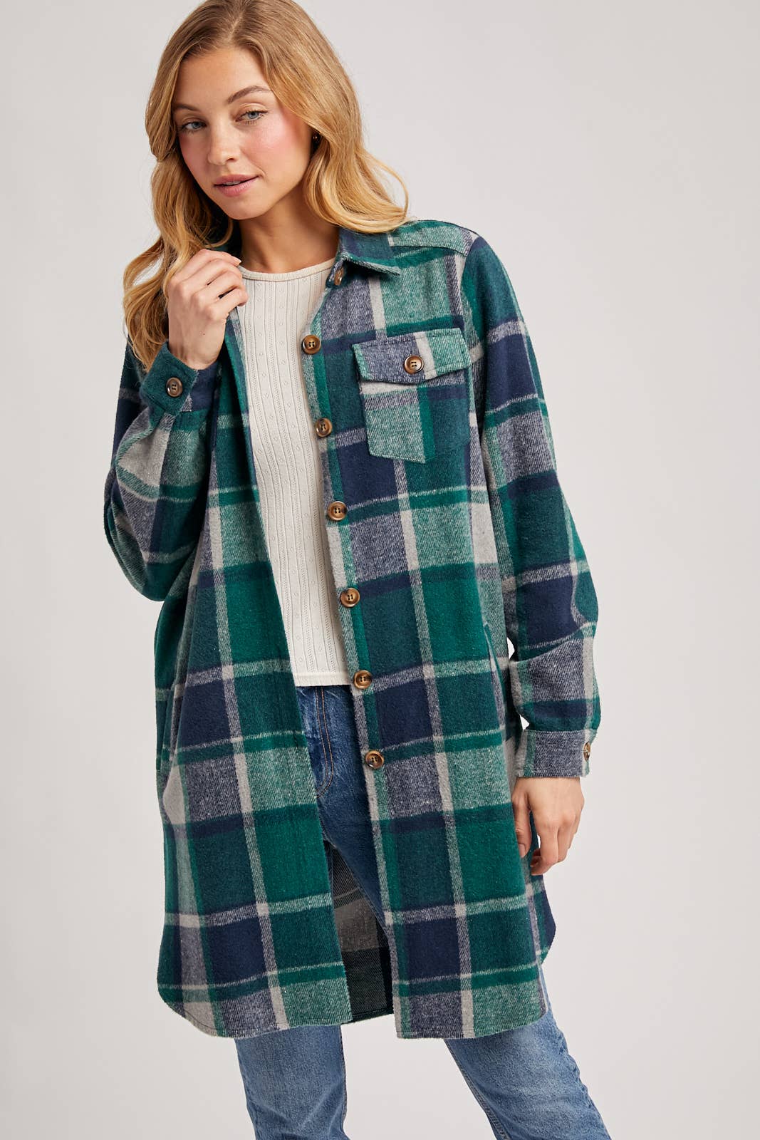 Bluivy - FLANNEL PLAID LONGLINE SHACKET: GREEN PLAID / M