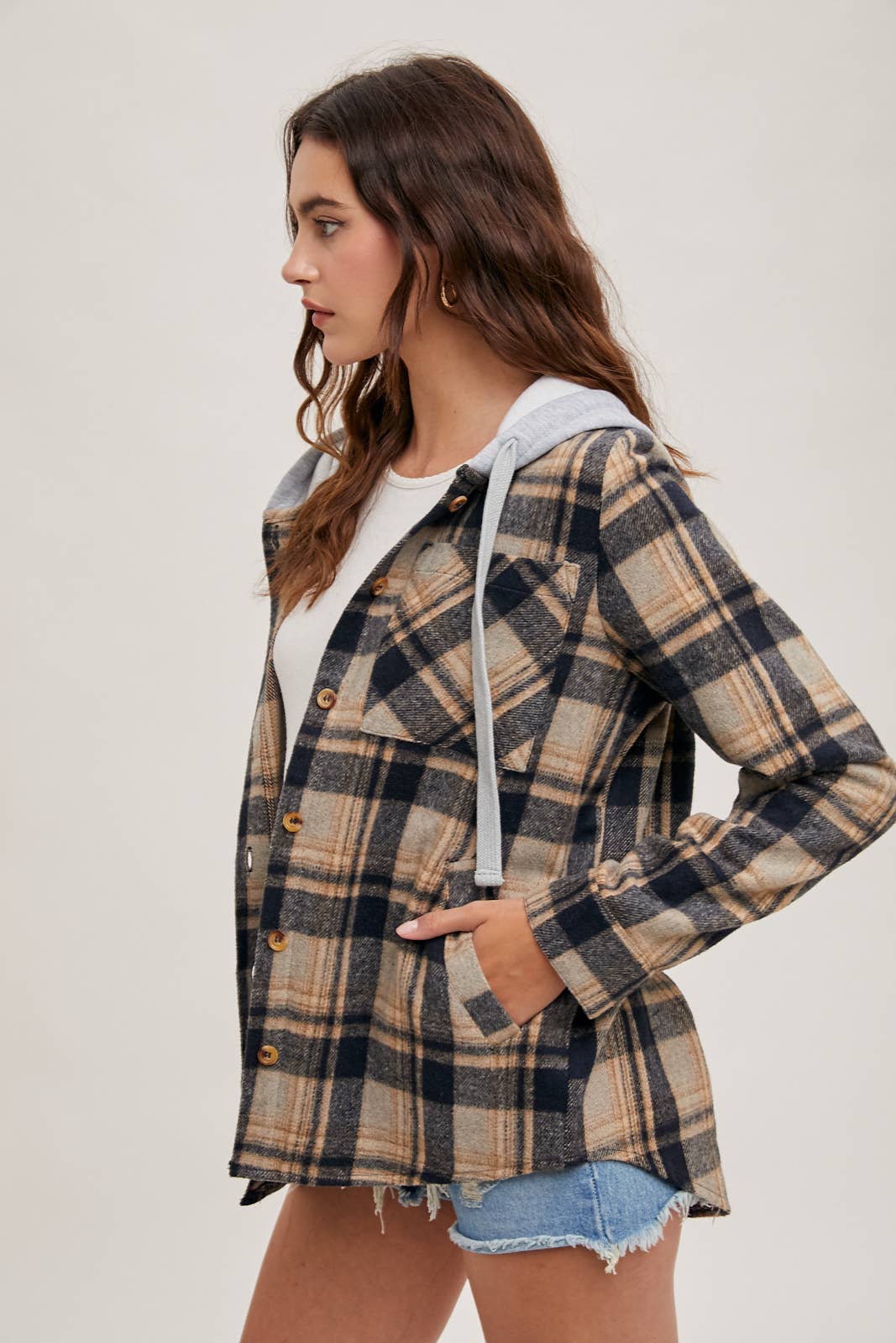 HOODED FLANNEL BUTTON FRONT SHIRT JACKET