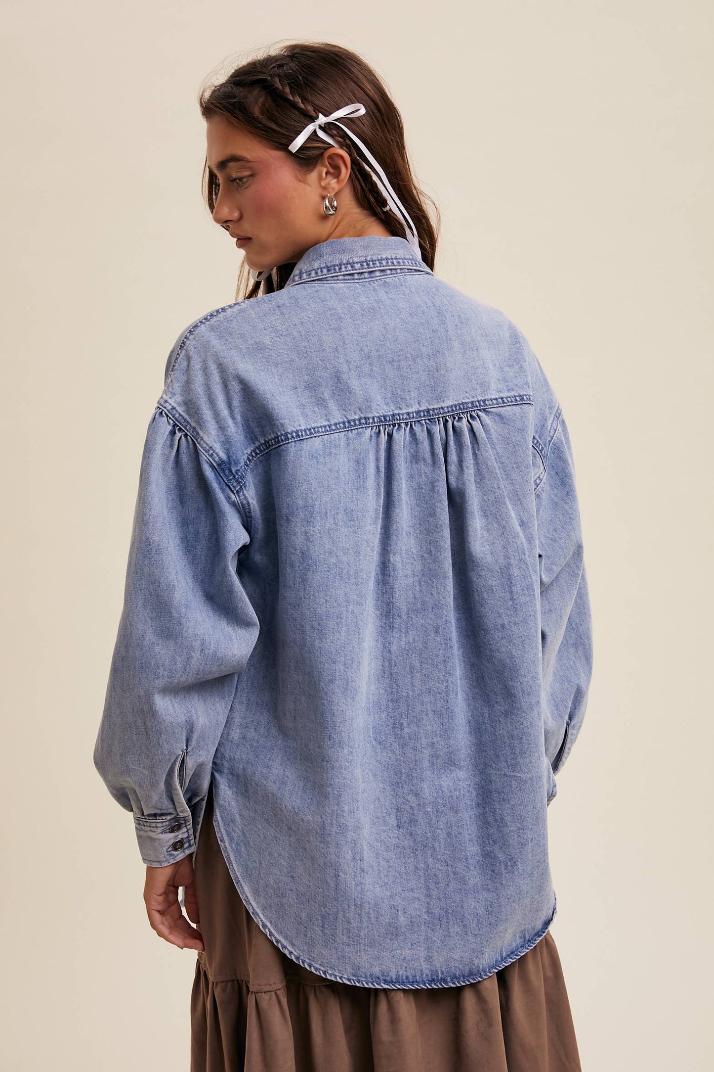 HEART DETAIL OVERSIZED DENIM SHIRT