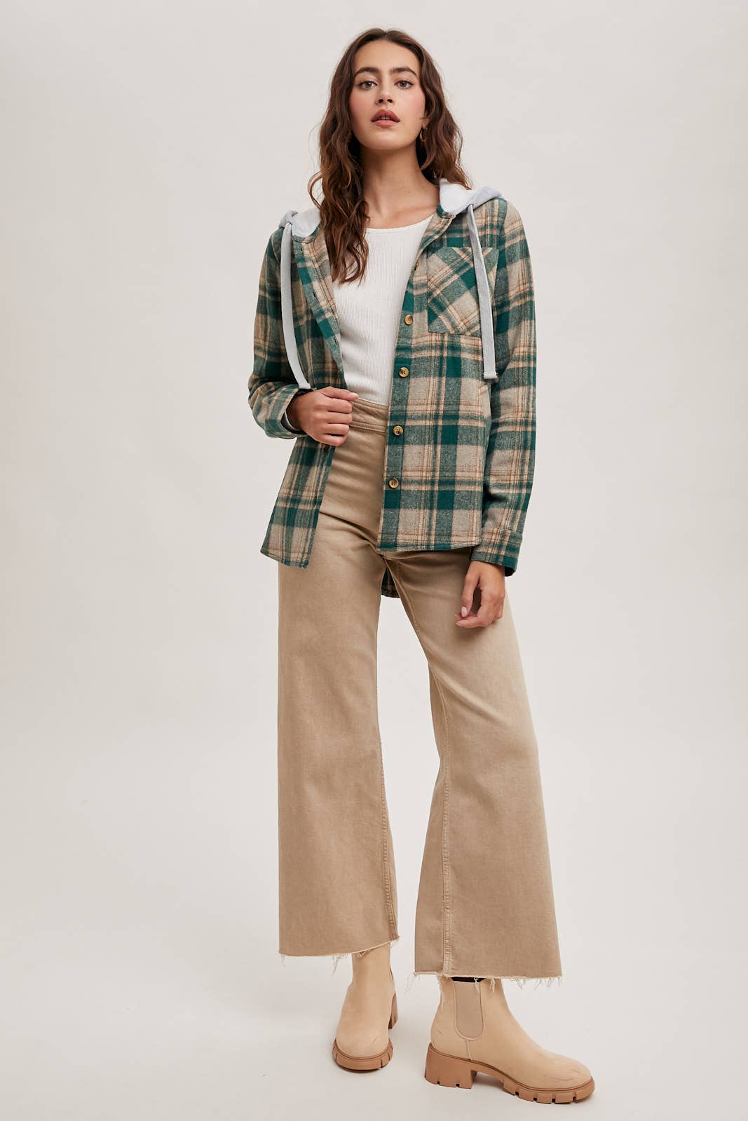 HOODED FLANNEL BUTTON FRONT SHIRT JACKET