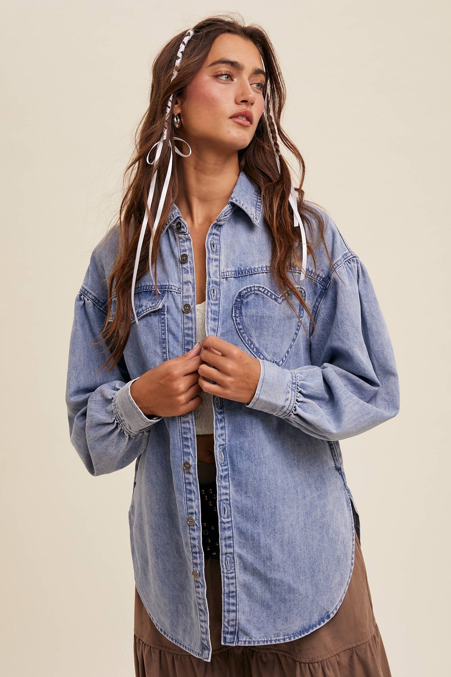 HEART DETAIL OVERSIZED DENIM SHIRT