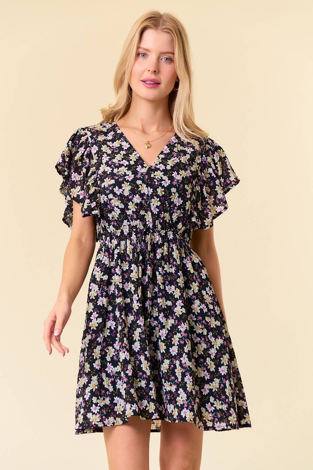 TEXTURED FLORAL V-NECK SLEEVELESS TIE BACK DRESS
