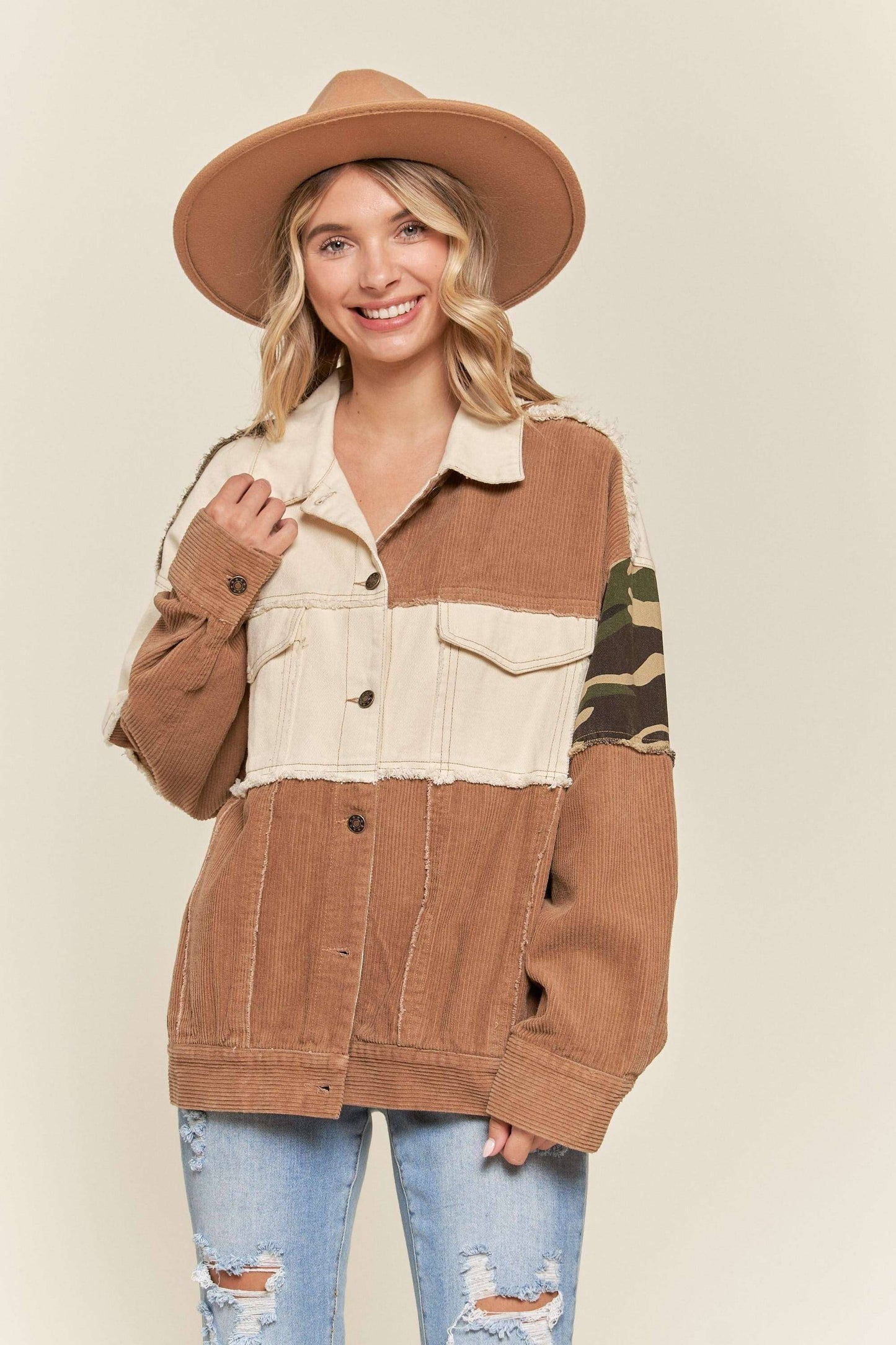 NOT YOUR HUSBAND'S BUTTON DOWN JACKET WITH CAMO ACCENT