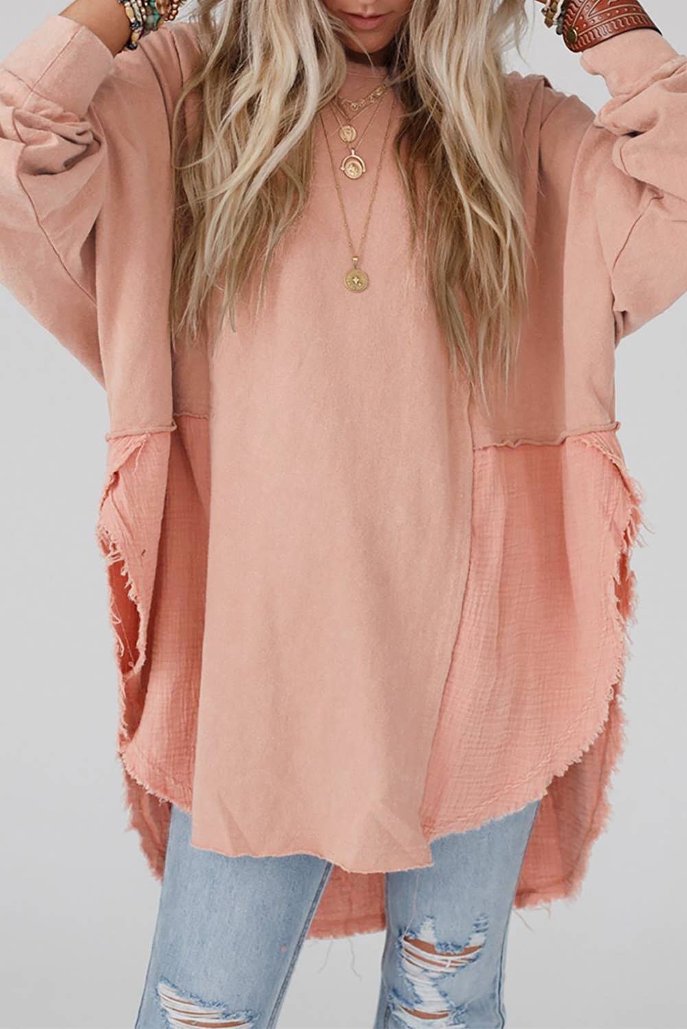 CRINKLE RAW HEM OVERSIZED BLOUSE