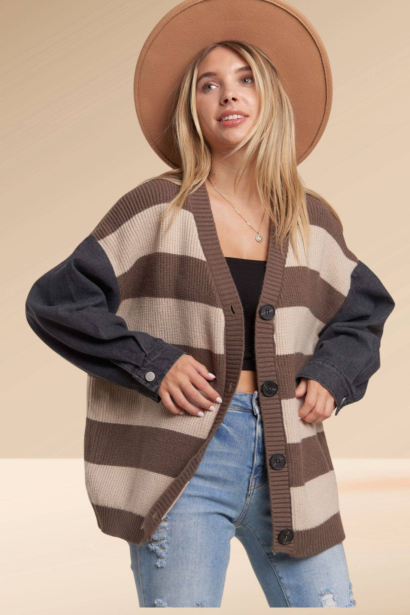 DENIM SLEEVE STRIPE SWEATER CARDIGAN