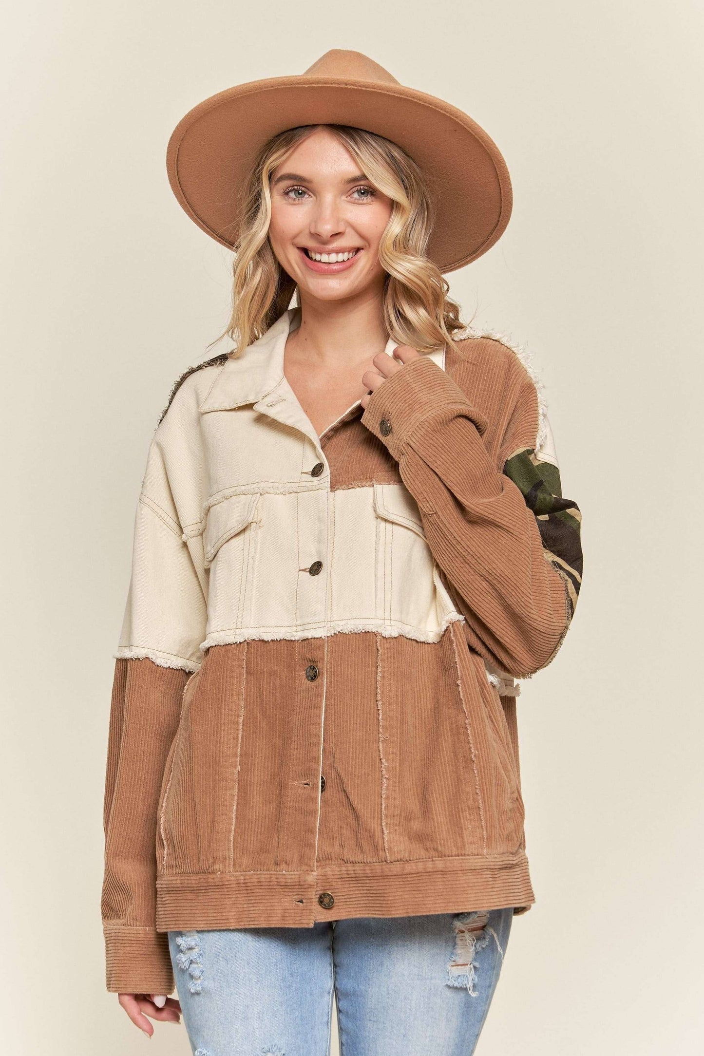NOT YOUR HUSBAND'S BUTTON DOWN JACKET WITH CAMO ACCENT