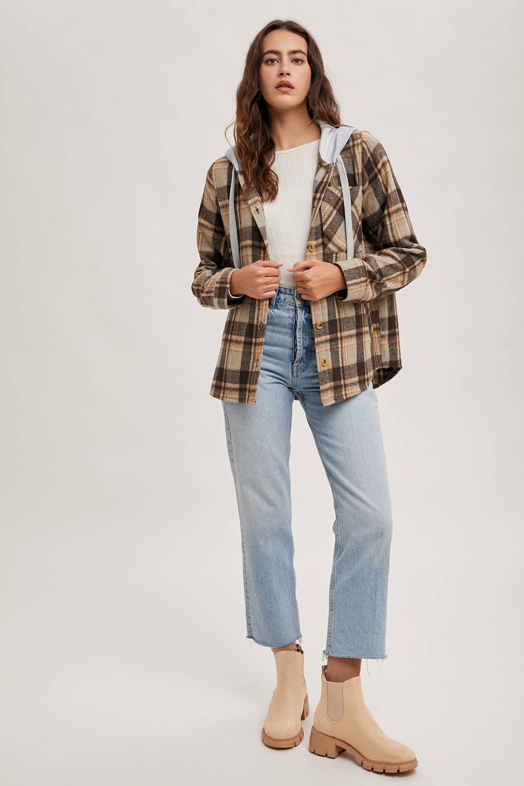 HOODED FLANNEL BUTTON FRONT SHIRT JACKET