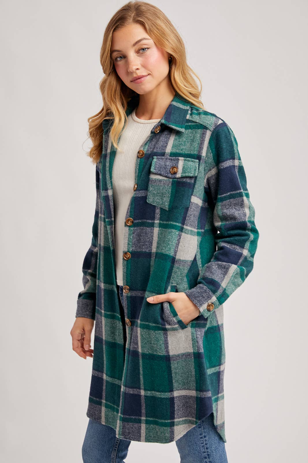 Bluivy - FLANNEL PLAID LONGLINE SHACKET: GREEN PLAID / L