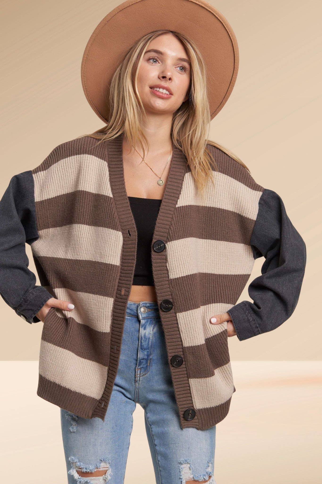 DENIM SLEEVE STRIPE SWEATER CARDIGAN