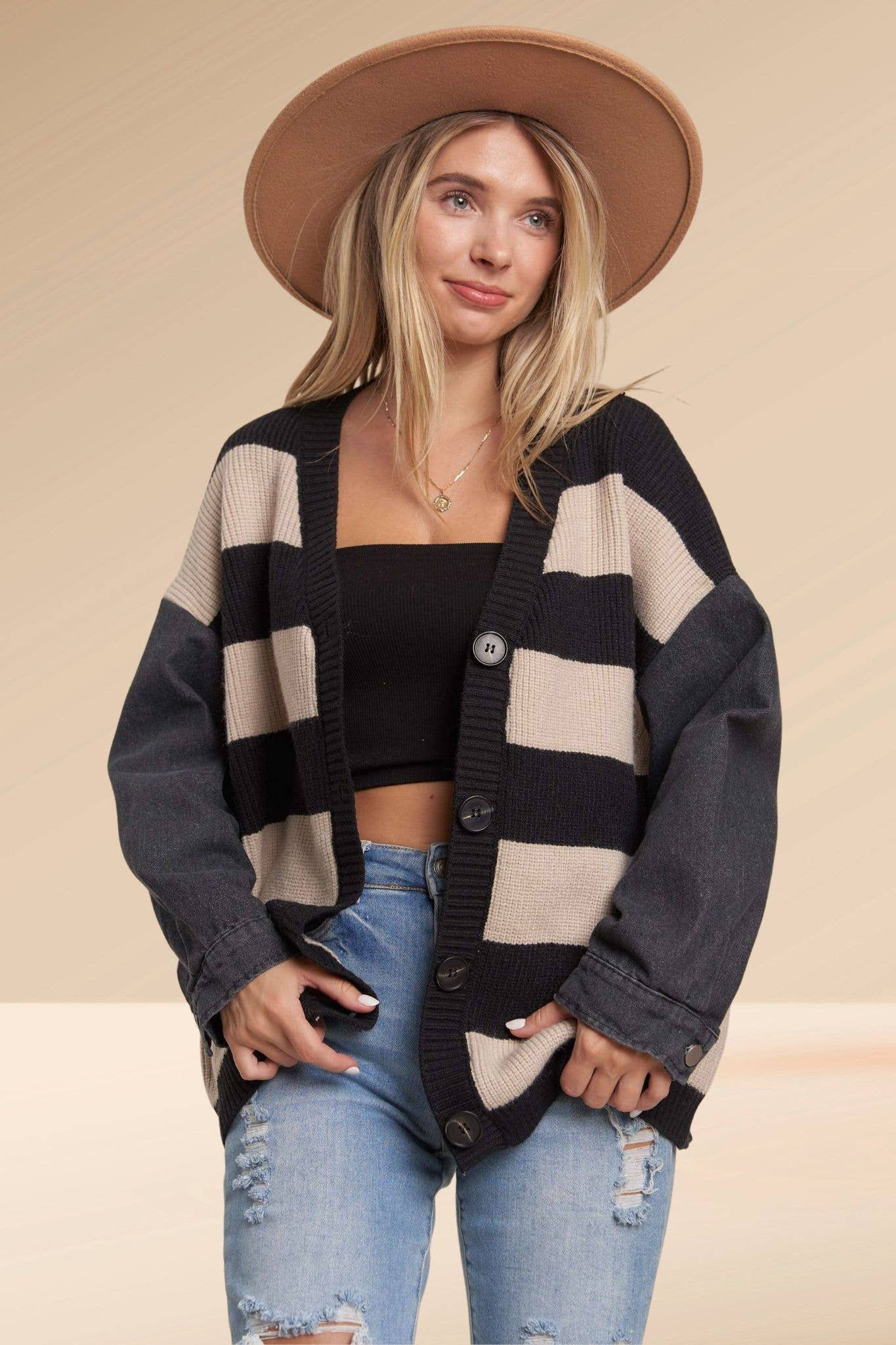 DENIM SLEEVE BLACK STRIPE SWEATER CARDIGAN