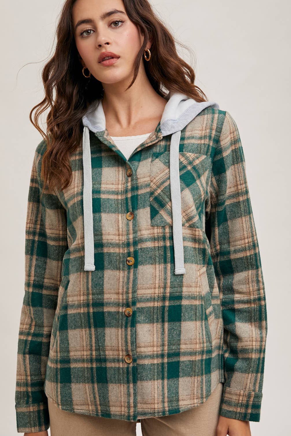 HOODED FLANNEL BUTTON FRONT SHIRT JACKET