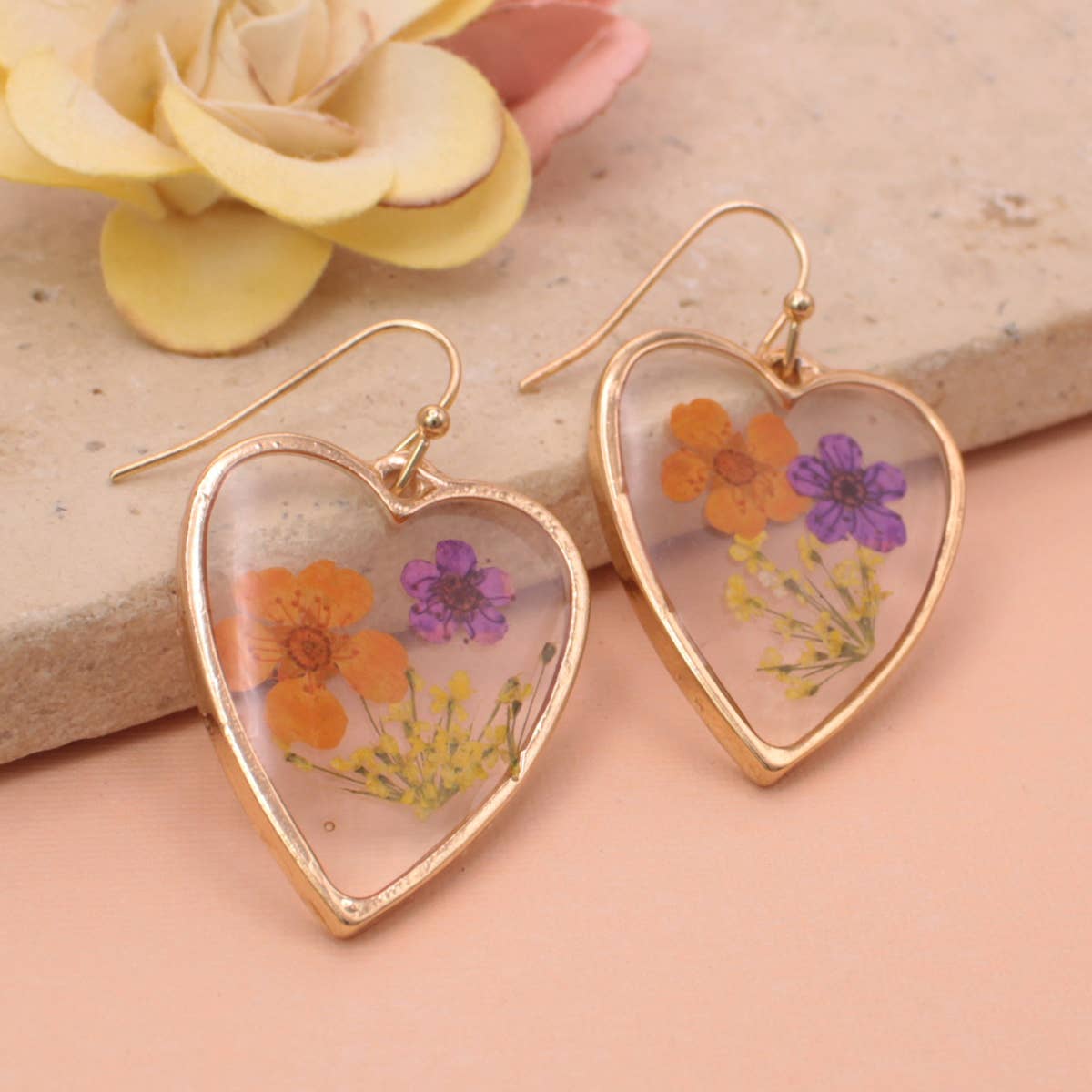 PURPLE AND ORANGE FLOWER HEART EARRINGS