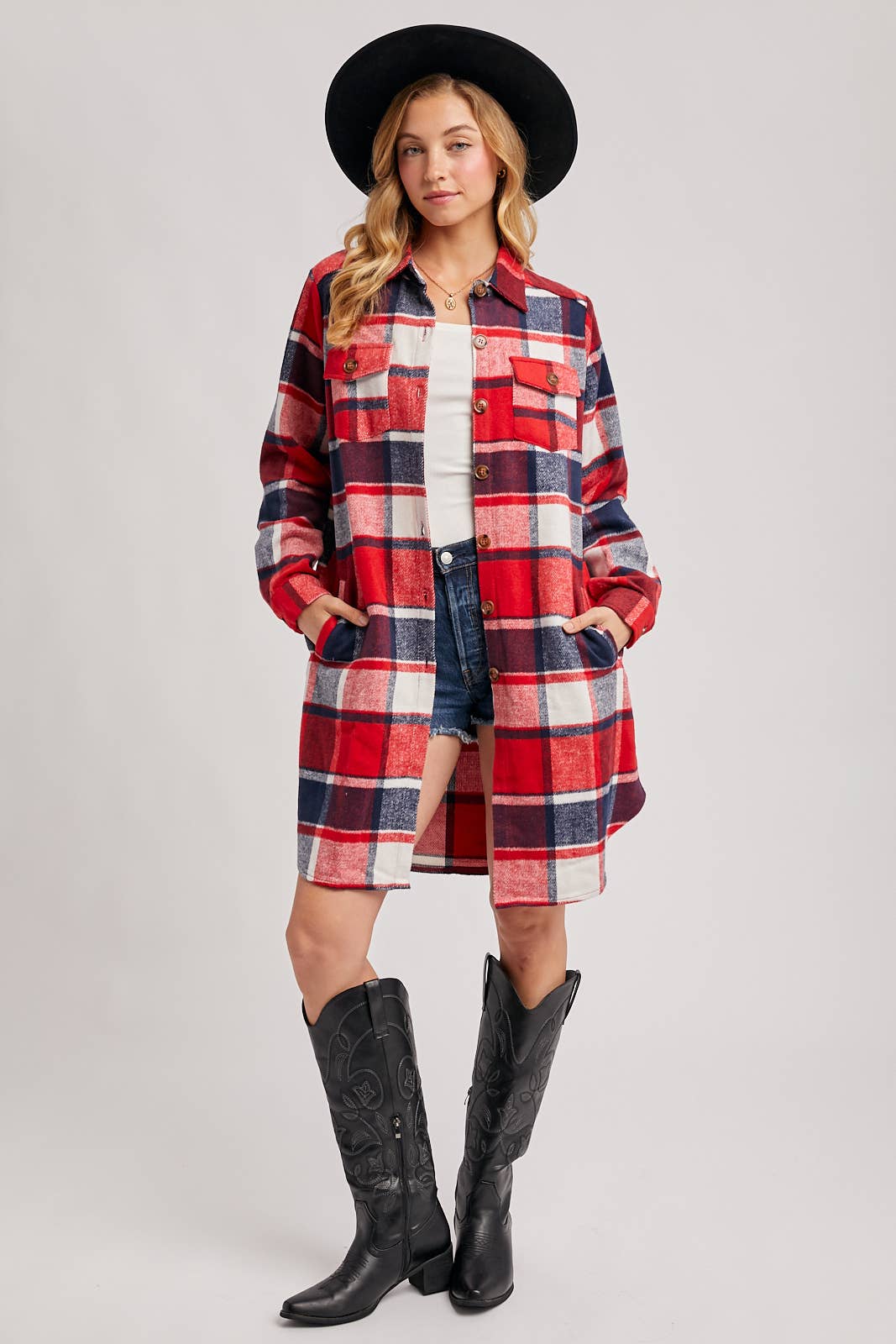 Bluivy - FLANNEL PLAID LONGLINE SHACKET: GREEN PLAID / M