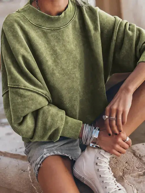 GREEN DROP SHOULDER CREW NECK PULLOVER SWEATSHIRT