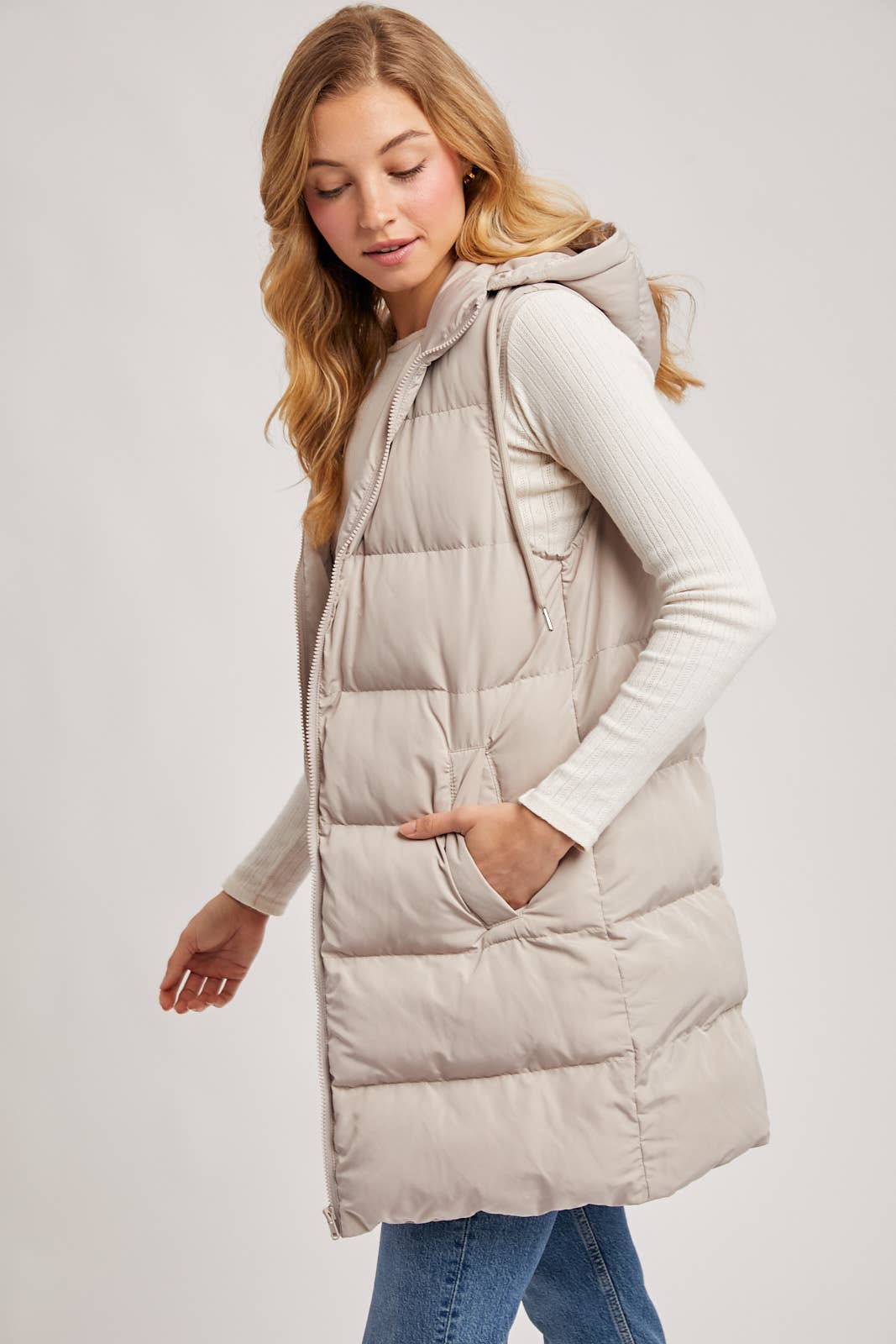 BLACK OR BEIGE HOODED ZIPPER DOWN LONGLINE PUFFER VEST