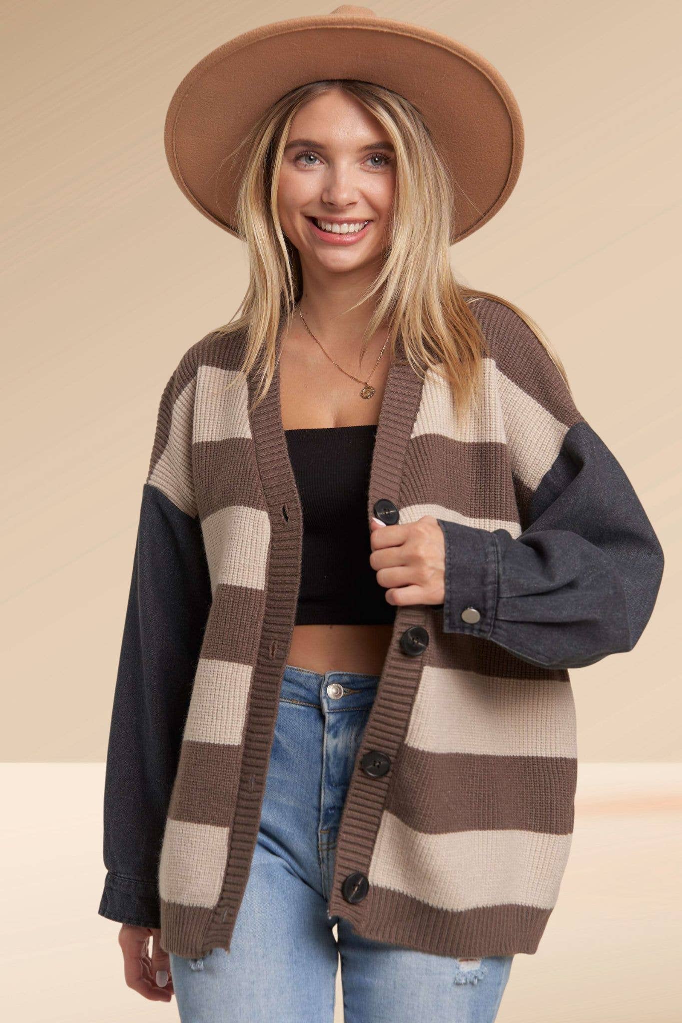 DENIM SLEEVE STRIPE SWEATER CARDIGAN