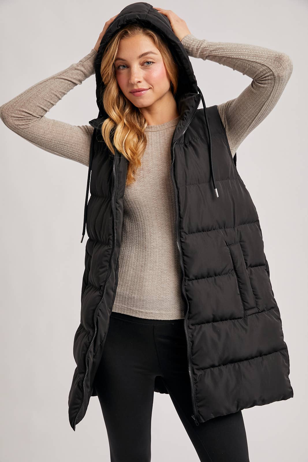 BLACK OR BEIGE HOODED ZIPPER DOWN LONGLINE PUFFER VEST