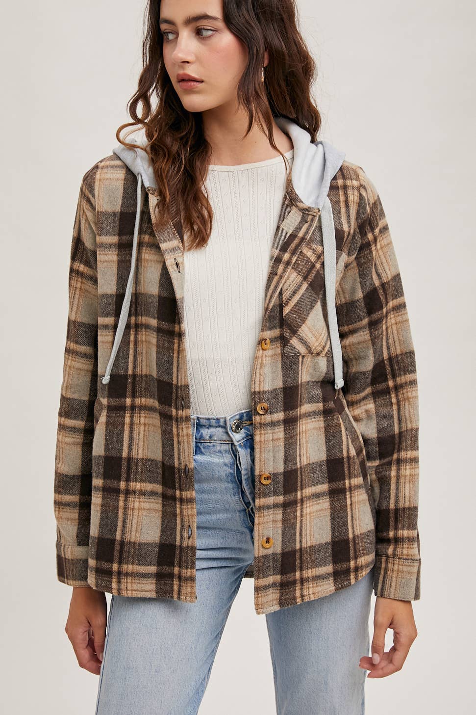 HOODED FLANNEL BUTTON FRONT SHIRT JACKET
