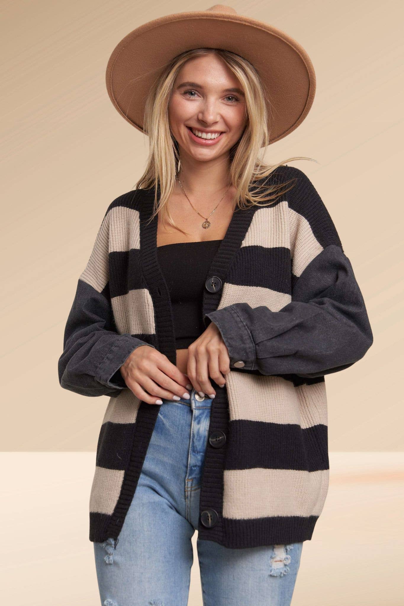 DENIM SLEEVE BLACK STRIPE SWEATER CARDIGAN