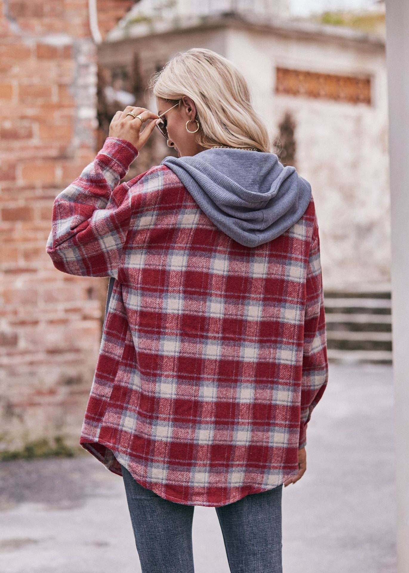 RED FLANNEL CHECKED HOODED JACKET