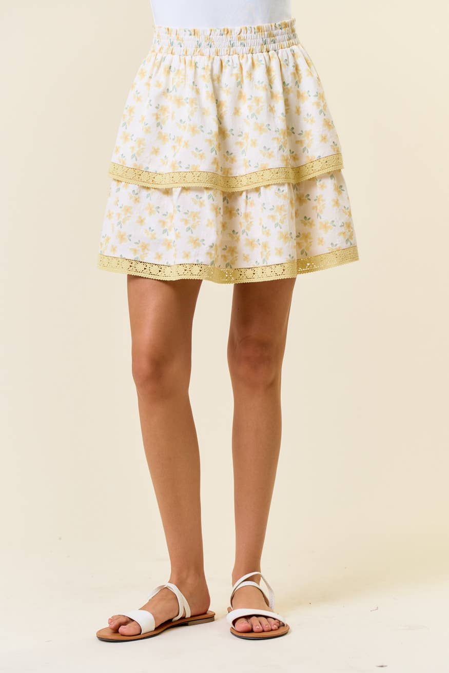 Floral Puff Printed Layered Lace Mini Skirt