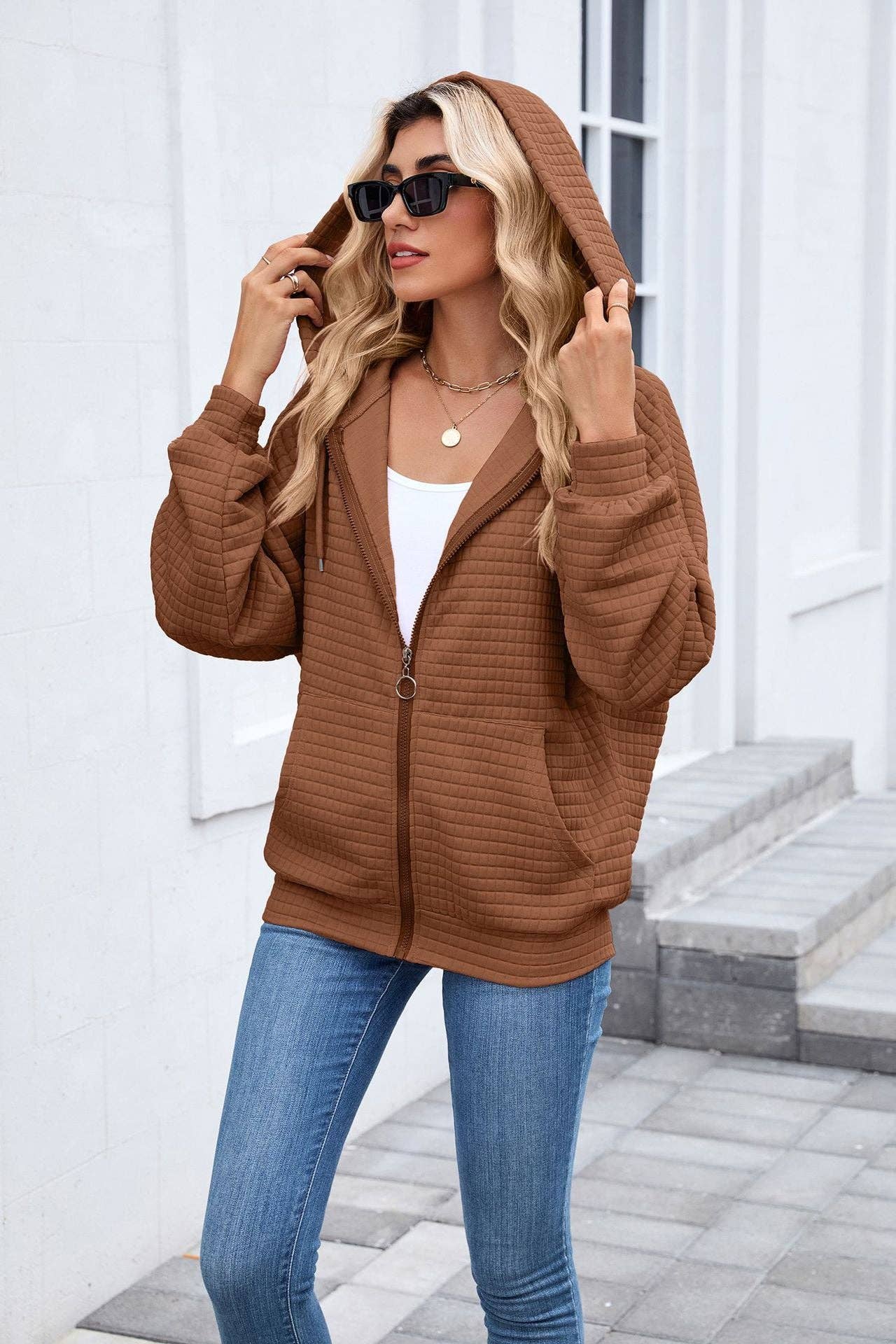 QUILTED ZIP UP HOODIE JACKET