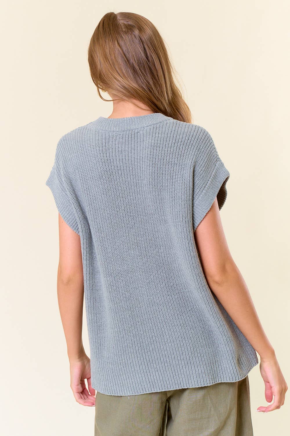 Round Neck Drop Shoulder Ribbed Sweater Vest -H.GREY