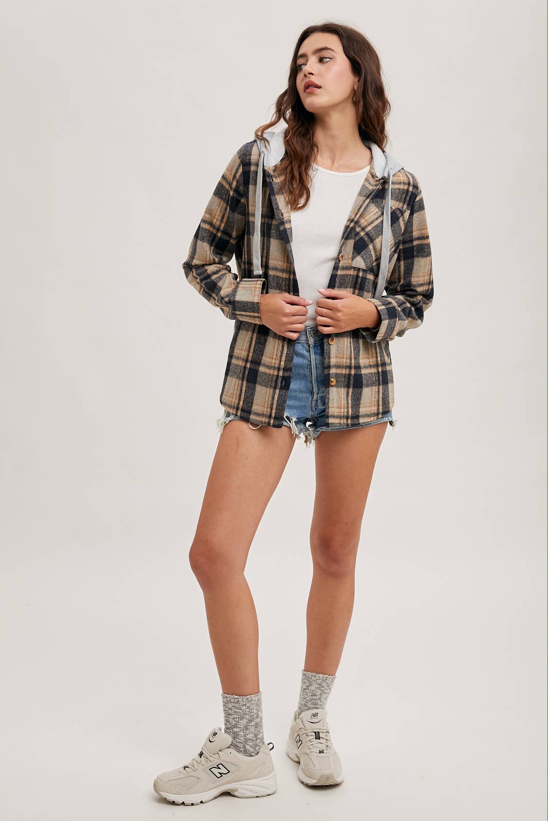 HOODED FLANNEL BUTTON FRONT SHIRT JACKET