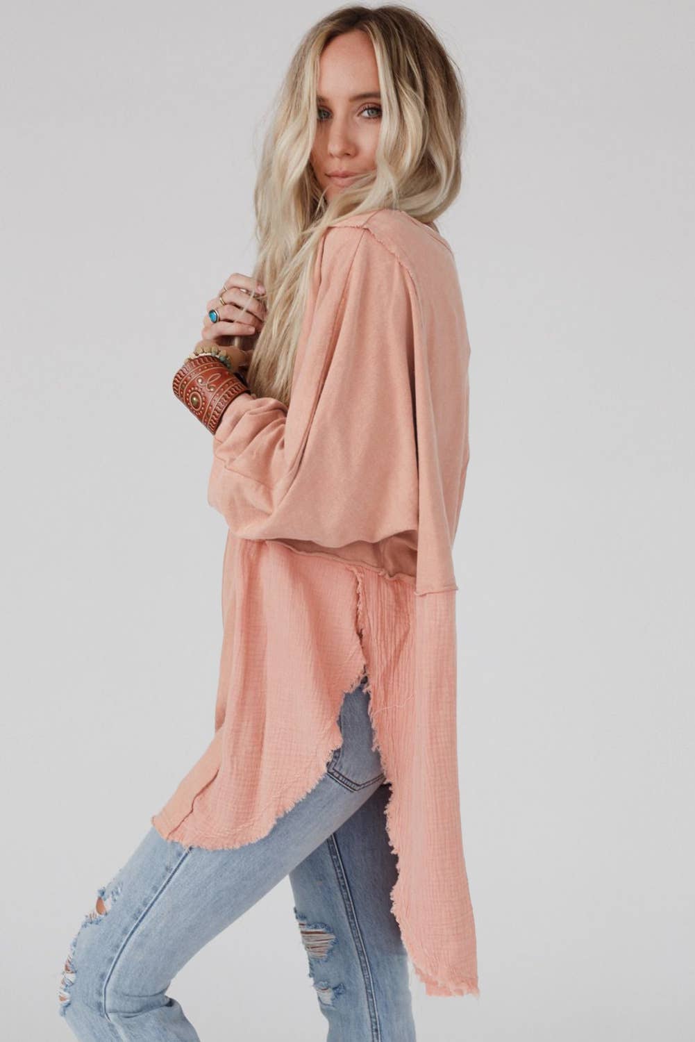 CRINKLE RAW HEM OVERSIZED BLOUSE
