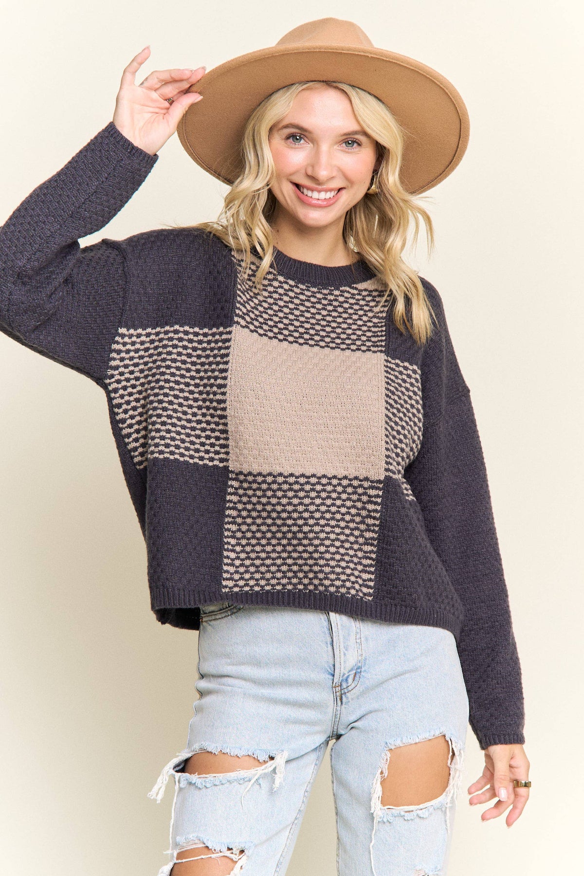 COLORBLOCK CREWNECK SWEATER: GREY/KHAKI