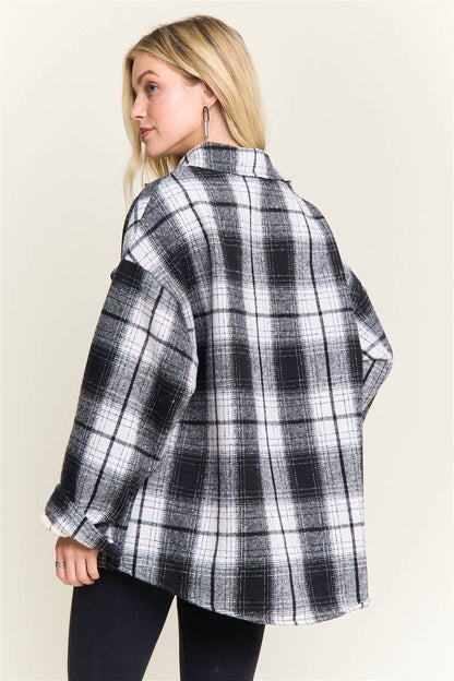 ADORA LA - CEJ4140-PLAID SHERPA-LINED BUTTON DOWN SHACKET: Navy / S-M-L(2-2-2)