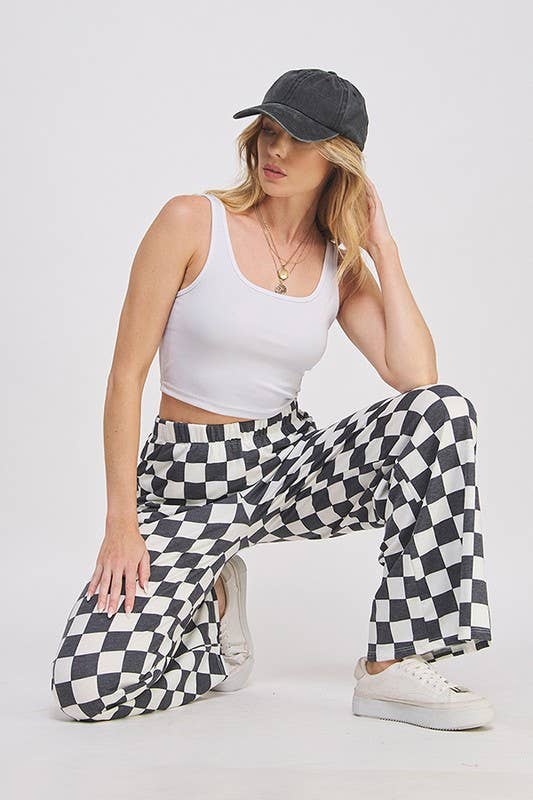 BLACK + WHITE HIGH WAIST CHECKERED STRAIGHT LEG KNIT PANTS