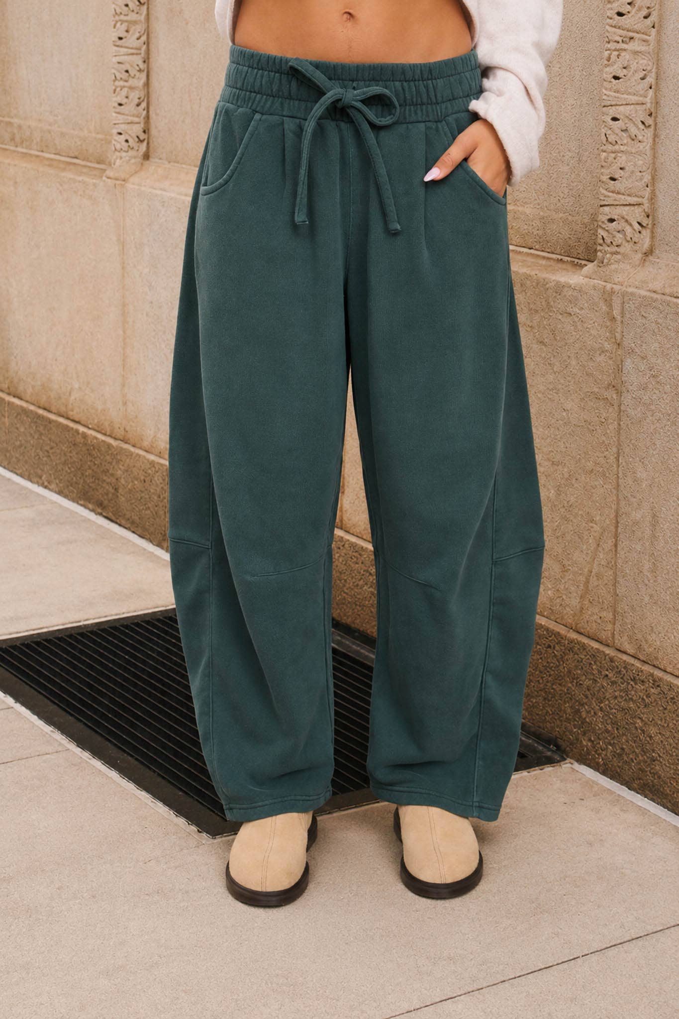 SMOCKED WAIST DRAWSTRING BARREL LEG SWEATPANTS