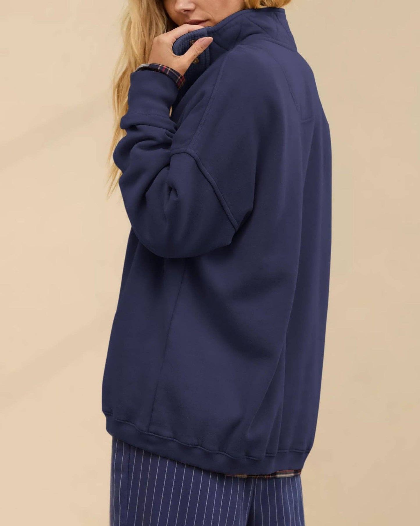 Lovesoft - Solid Fleece Sweatshirt Casual Oversized Snap Collar: Navy / 65%Polyester+30%Viscose   +5%Elastane / M
