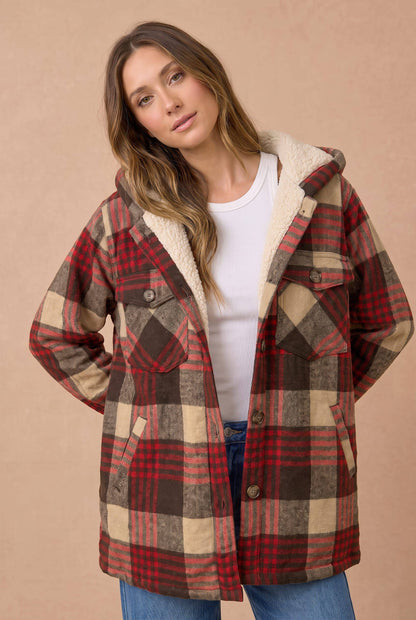 Haptics - Plaid Button Up Jacket With Fur Lined Hood: WINE / L