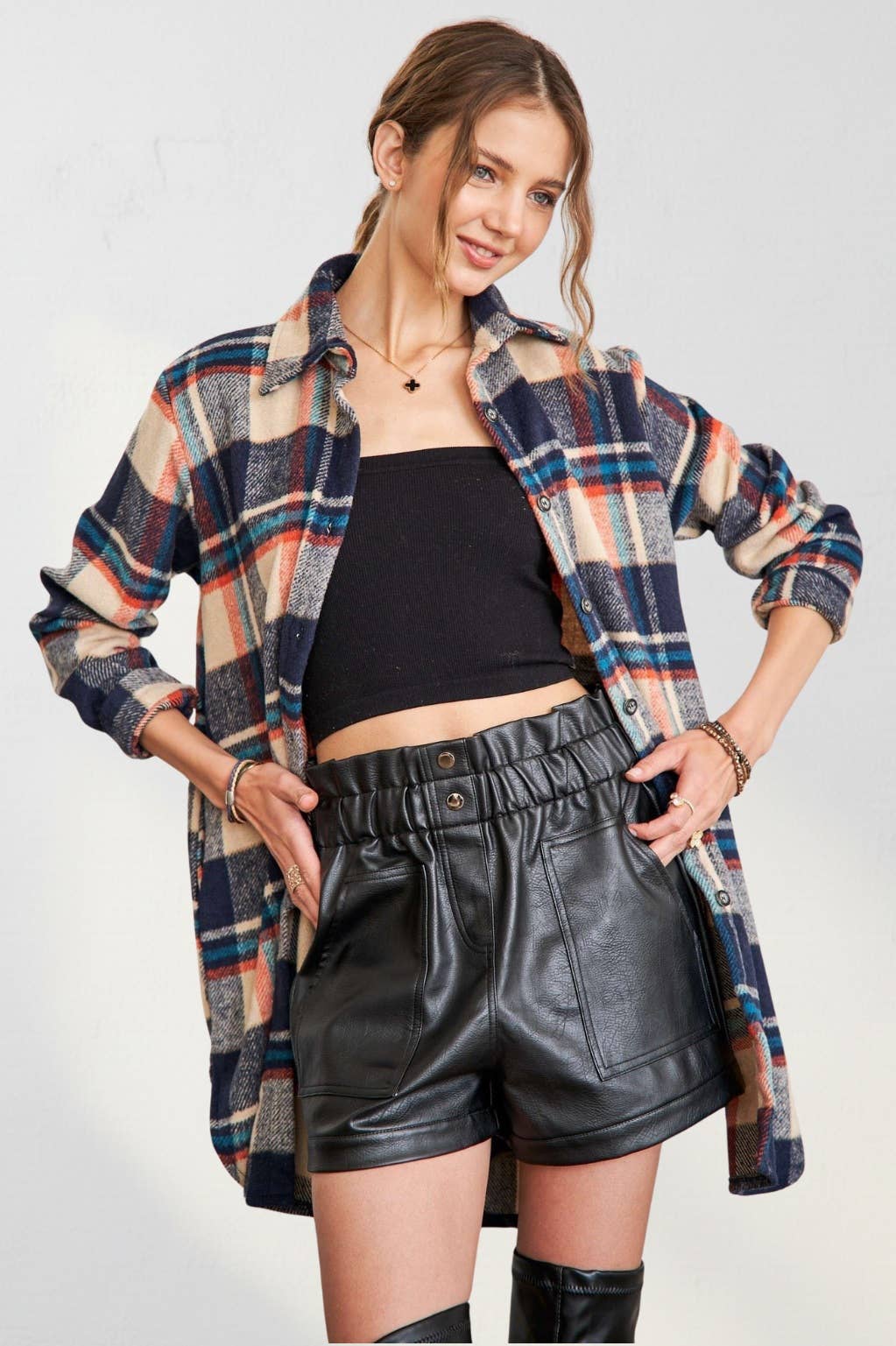 ADORA LA - CEJ1987A-CHECK FLANNEL SHIRT JACKET LONG SLEEVE: Green/Navy / S-M-L(2-2-2)