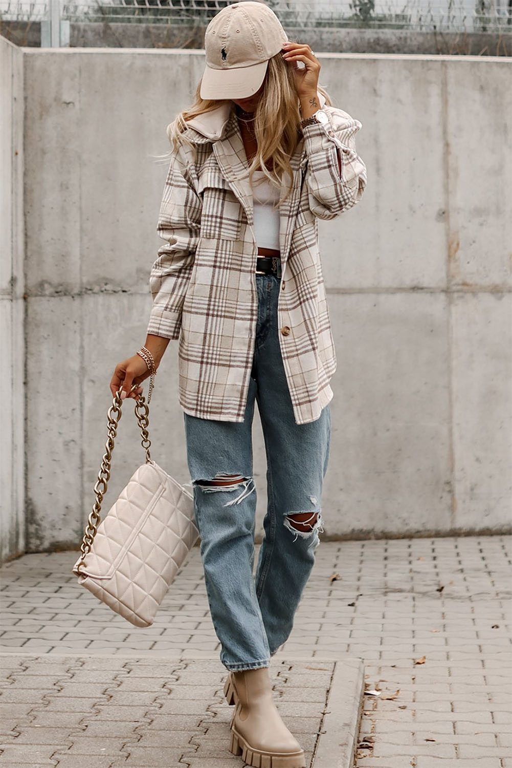 KHAKI PLAID HOODED BUTTON SHACKET