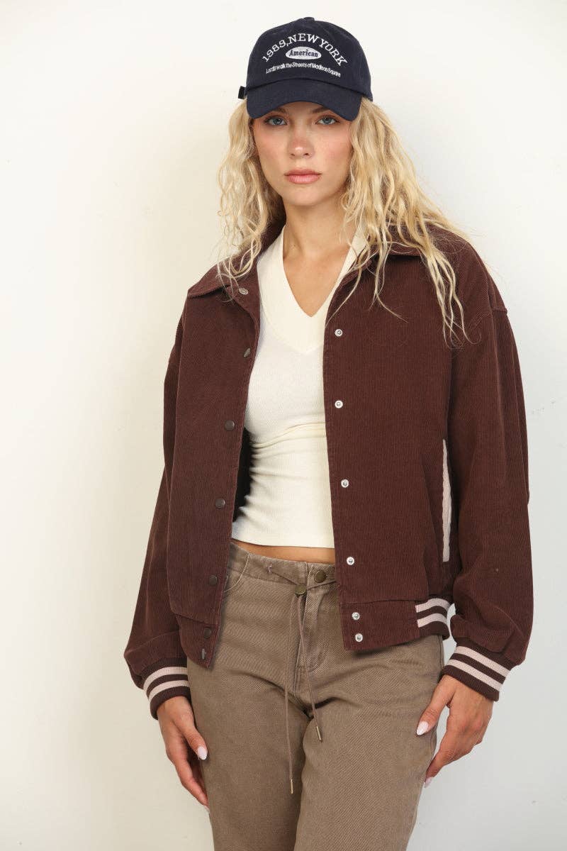 26 International - Corduroy Snap Front Oversized Varsity Jacket: Red Combo / S