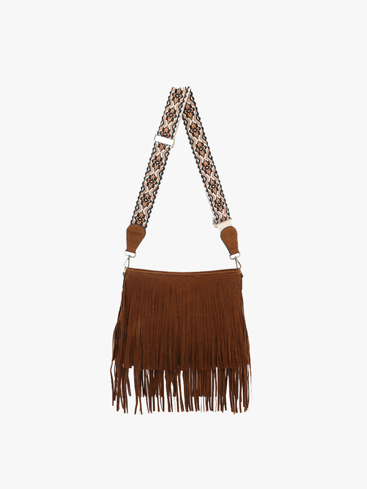 SADIE SUEDE FRINGE CROSSBODY WITH GUITER STRAP
