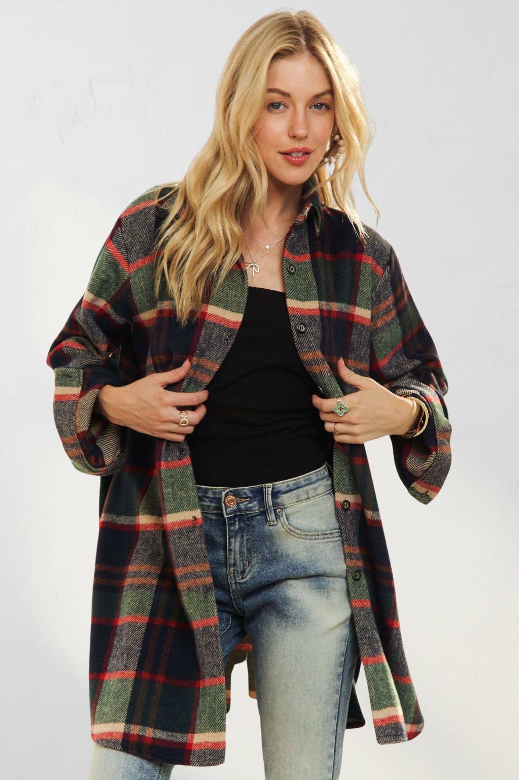 ADORA LA - CEJ1987A-CHECK FLANNEL SHIRT JACKET LONG SLEEVE: Green/Navy / S-M-L(2-2-2)